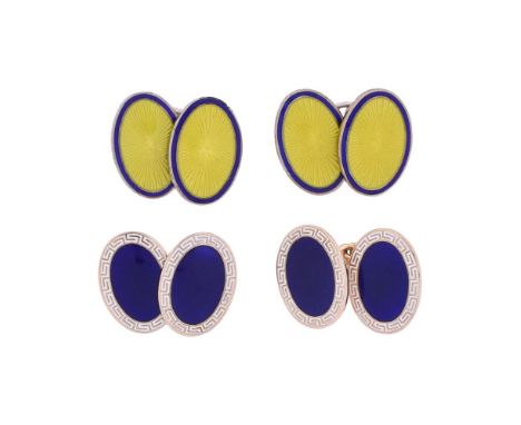 
	
		CROPP &amp; FARR, A PAIR OF 9 CARAT GOLD ENAMELLED CUFFLINKS 
		BIRMINGHAM 1998
		The oval panels with blue enamelled ce