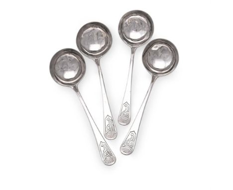 
	
		A SET OF FOUR GEORGE III SILVER SAUCE LADLES 
		GEORGE SMITH (II), LONDON 1797
		The handles engraved with shells and C-