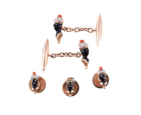 
	
		Y&nbsp;AN OTHELLO CUFFLINK AND STUD SUITE 
		The cufflinks with an enamelled Othello bust with cabochon coral accented t