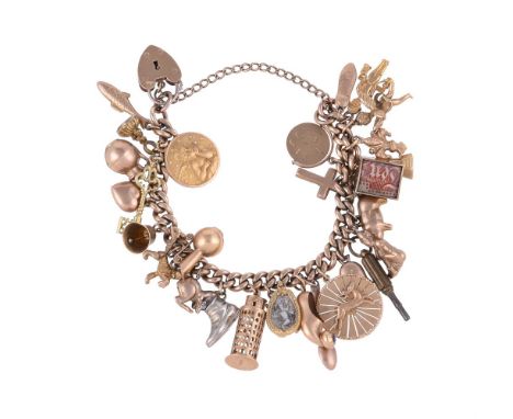 
	
		A GOLD COLOURED CHARM BRACELET
		The curb link bracelet stamped 9 375, with heart shaped padlock clasp, suspending a var