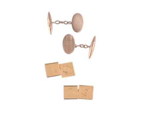 
	
		TWO PAIRS OF GOLD COLOURED CUFFLINKS
		The first pair with squared panels with initials CH, the other inscribed 'BH &amp