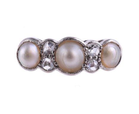 
	
		A HALF PEARL AND DIAMOND SEVEN STONE RING
		The half pearls interspaced with two pairs of rose cut diamonds, to a polish