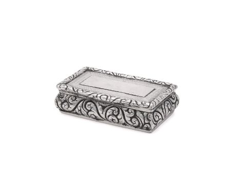 
	
		A GEORGE IV SILVER SNUFF BOX
		THOMAS WILKES BARBER, BIRMINGHAM 1825
		With a chased foliate border and body, the cover 