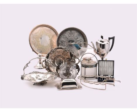 
	
		A COLLECTION OF ELECTRO-PLATED ITEMS
		To include: trays, a swing handled basket, a coffee pot, a decanter, cased flatwa