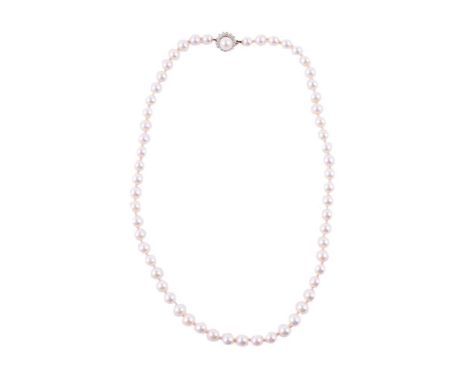 
	
		A DIAMOND AND CULTURED PEARL NECKLACE
		The cultured pearl and diamond cluster clasp, approximately 0.56 carats total, s