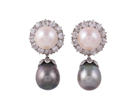 
	
		A PAIR OF DIAMOND AND CULTURED PEARL CLUSTER DROP EARRINGS
		The tops centred with a cultured pearl within a surround of