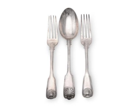 
	
		A SET OF FIVE VICTORIAN SILVER FIDDLE, THREAD AND SHELL PATTERN TABLE FORKS
		GEORGE ADAMS, LONDON 1841
		21cm (8 1/4in)