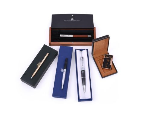 
	
		A LIGHTER AND FOUR PENS
		To include: S. T. Dupont, a black lacque de chine lighter, no. 811AN64, with a box, warranty c