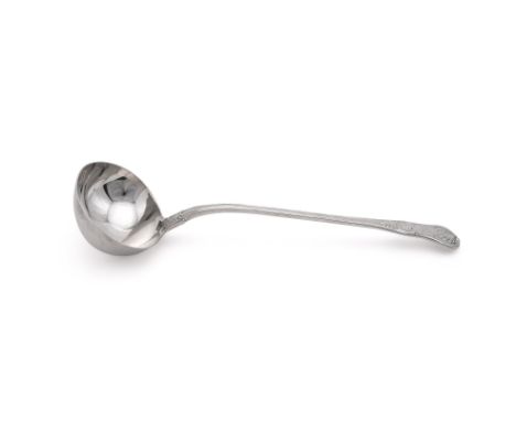 
	
		A GEORGE IV SILVER KING'S PATTERN SOUP LADLE
		RICHARD POULDEN, LONDON 1824
		Engraved with a monogram and a crest
		35c