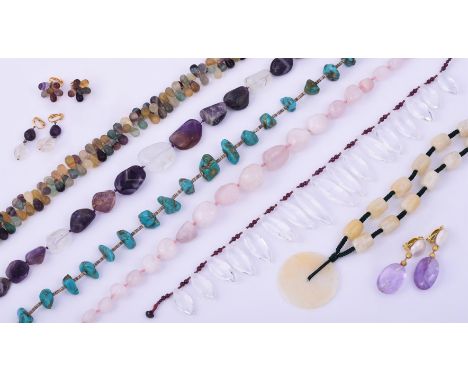 
	
		A SMALL COLLECTION OF HARDSTONE JEWELLERY
		To include a polished drop shaped fluorite necklace and a matching pair of e