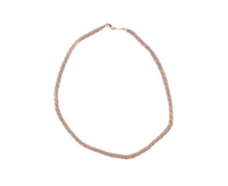 
	
		A THREE COLOUR ROPE TWIST NECKLACE
		The fancy rope twist necklace to a lobster claw clasp, stamped 14k Italy, in an ass