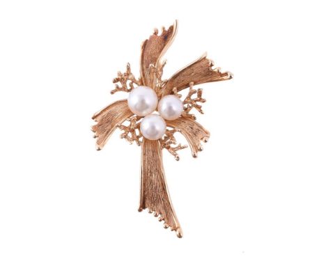 
	
		MIKIMOTO, A CULTURED PEARL BROOCH
		The abstract brooch with five tapered textured panels with coral branch like detail 