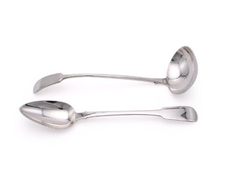 
	
		A VICTORIAN SILVER FIDDLE PATTERN SERVING SPOON
		JAMES BEEBE, LONDON 1841
		32cm (12 1/2in) long
		
		AND A VICTORIAN F