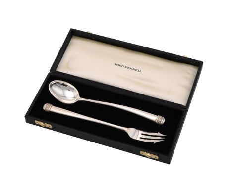 A CASED SILVER SERVING FORK AND SPOON  THEO FENNELL, LONDON 1997 With a chased bay leaf band to the terminal The fork 21cm (8