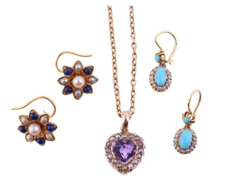 
	
		A SMALL COLLECTION OF ANTIQUE AND LATER JEWELLERY
		Comprising a pair of early 20th century turquoise and seed pearl clu