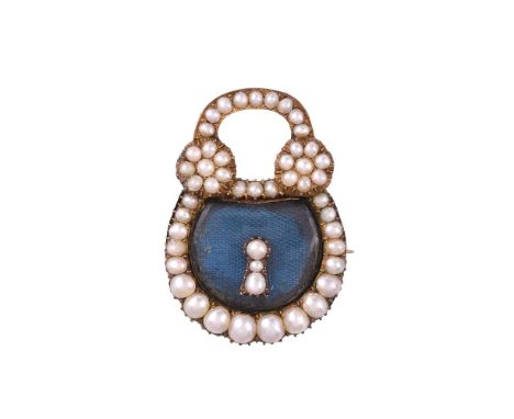 
	
		A GEORGIAN HALF PEARL PADLOCK BROOCH
		The padlock shaped brooch with a glazed panel with half pearl set lock and border