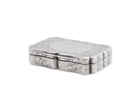 
	
		[MERSEY FERRY INTEREST] AN EARLY VICTORIAN SILVER SHAPED RECTANGULAR SNUFF BOX
		EDWARD SMITH, BIRMINGHAM 1845
		The cov