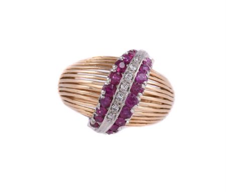 
	
		A 1960S RUBY AND DIAMOND DRESS RING
		The open wire front set with a diagonal row of graduated circular cut rubies and e