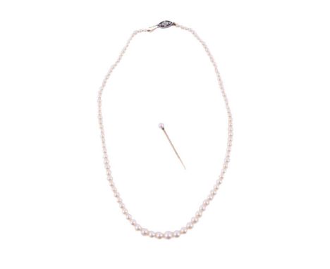 
	
		A DIAMOND AND CULTURED PEARL NECKLACE AND A PEARL STICKPIN
		The graduated pearl necklace to a pierced marquise shaped c