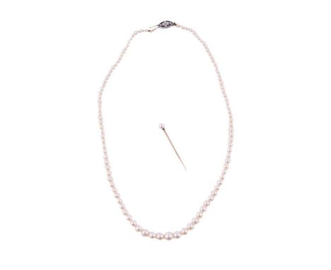 
	
		A DIAMOND AND CULTURED PEARL NECKLACE AND A PEARL STICKPIN
		The graduated pearl necklace to a pierced marquise shaped c