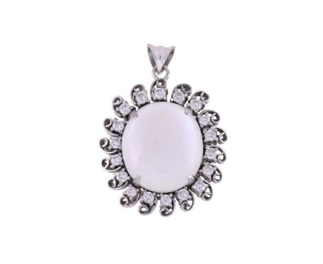 
	
		A MOONSTONE AND DIAMOND CLUSTER PENDANT
		The oval cabochon moonstone within a brilliant cut diamond set scrolled surrou