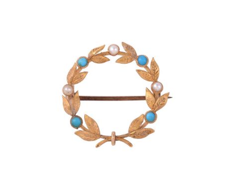 
	
		AN EDWARDIAN TURQUOISE AND SEED PEARL LAUREL WREATH HOOP BROOCH 
		CIRCA 1910
		The textured laurel leaves with circular