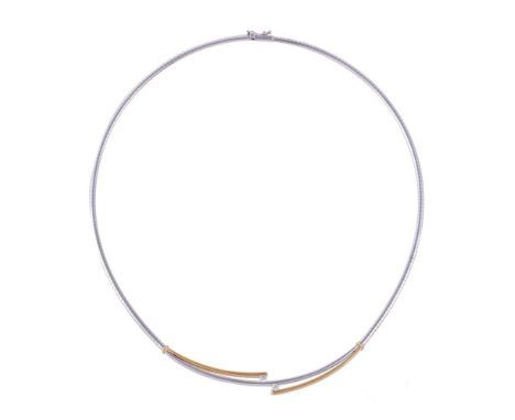 
	
		A DIAMOND COLLAR NECKLACE
		The polished track link necklace to a bifurcated two colour wire front with two brilliant cu