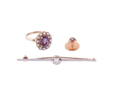 
	
		A SMALL COLLECTION OF JEWELLERY
		Comprising an Edwardian diamond bar brooch, the single old mine cut diamond estimated 