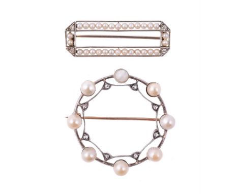
	
		AN EARLY 20TH CENTURY DIAMOND AND SEED PEARL BROOCH 
		CIRCA 1920
		The elongated octagonal panel with eight cut diamond