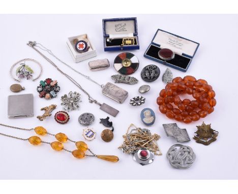 
	
		A COLLECTION OF SILVER COLOURED ITEMS AND A FURTHER BIJOUTERIE
		To include a yellow enamelled rectangular lobed brooch 