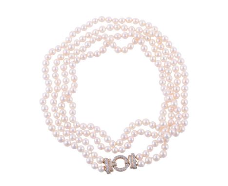 
	
		A DIAMOND AND CULTURED PEARL TWO ROW NECKLACE
		The hoop and stepped pavé set brilliant cut diamond clasp, approximately
