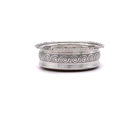
	
		A GEORGE III SILVER COASTER
		SOLOMON HOUGHAM, LONDON 1812
		With a gadrooned, shell and foliate border, the body with a