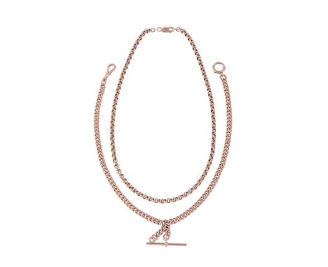 
	
		TWO GOLD COLOURED NECKLACES
		The first with curb links with sliding T-bar attachments, the links stamped 9 375, with ri