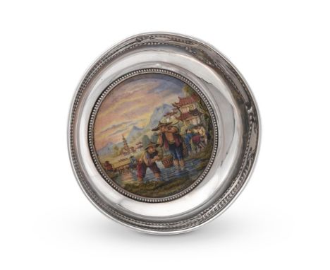 
	
		AN EDWARDIAN SILVER AND ENAMEL BOWL
		GREY &amp; SON, LONDON 1902
		The circular bowl inset with a pot lid by F &amp; R 