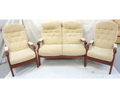 CINTIQUE STYLE TEAK THREE PIECE SUITE
comprising two armchairs and a two seat sofa, all with button backs and padded arms, st