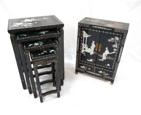 CHINESE LACQUER SIDE CABINET
with floral painted motifs to the top above a pair of cupboard doors with mother of pearl inlay,
