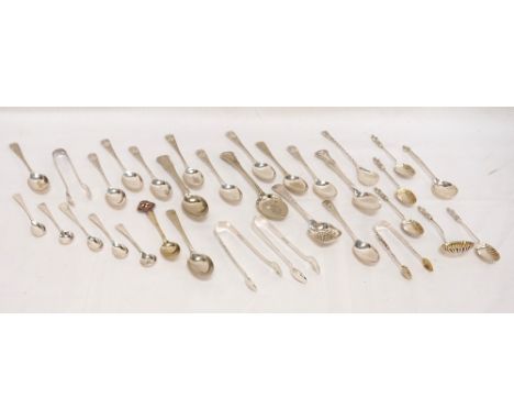 SET OF VICTORIAN SILVER APOSTLE TEASPOONS, STRAINER AND SUGAR TONGS
with gadrooned bowls and twisted stems, Birmingham hallma