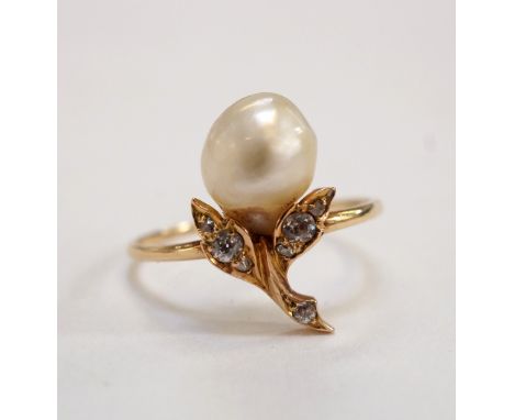 PRETTY PEARL AND DIAMOND RING
the setting in the form of a flower, on unmarked gold shank, ring size O-P