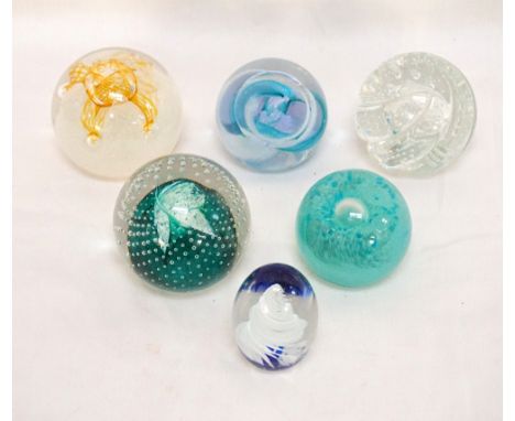 THREE CAITHNESS CIRCULAR GLASS PAPERWEIGHTS
comprising 'Star Stone', 'Whirlygig' and 'Congratulations', together with three f
