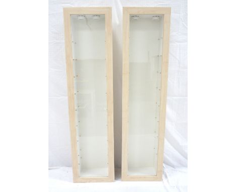 TWO LIGHT ASH RECESSED DISPLAY CABINETS
with glazed doors opening to reveal adjustable glass shelves, each cabinet with two s