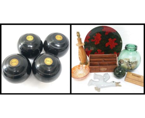 SET OF FOUR COMPOSITE LAWN BOWLS
with ivorine plaques, contained in net bag; and a  mixed lot of collectables to include a de