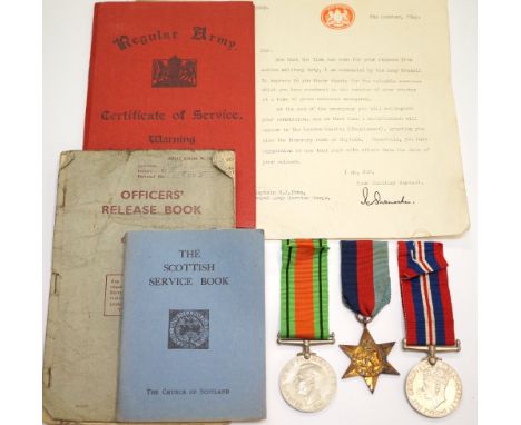 WWII BRITISH MEDAL GROUP
comprising 1939-45 Star; Defence and War Medals; with Regular Army Certificate of Service; Officers'