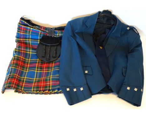 GENTLEMAN'S HIGHLAND OUTFIT
comprising a Macbeth tartan kilt, a blue wool Argyle jacket and matching waistcoat, black leather