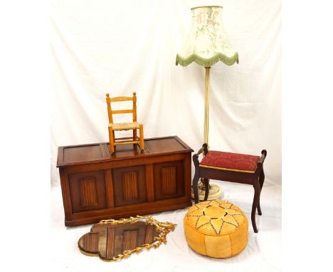 STAINED WOOD PIANO STOOL
with lift-up seat and raised on shaped legs, stained wood blanket box with hinged lid and raised on 