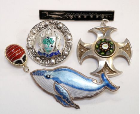 SELECTION OF SILVER JEWELLERY
comprising an enamel decorated whale brooch; an enamel decorated Robert Allison brooch with the