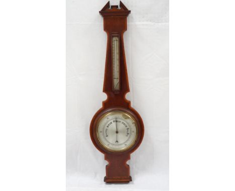 MAHOGANY AND CROSSBANDED BAROMETER
with a broken architectural pediment above a thermometer, with a circular silvered dial be