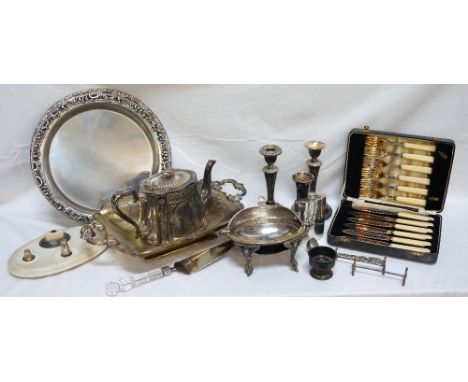 SELECTION OF SILVER PLATED WARES
comprising a cased set of fish knives and forks, an oval lidded butter dish (lacking liner),