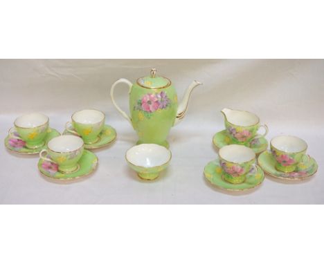 FOLEY CHINA - E. BRAIN & CO.LTD 'BEGONIA' PATTERN COFFEE SERVICE
decorated with flowers on a green ground, comprising five cu