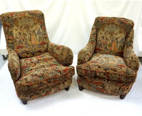 PAIR LADIES AND GENTLEMAN'S FIRESIDE ARMCHAIRS
both covered in a Dutch style tapestry material depicting a lady and gentleman