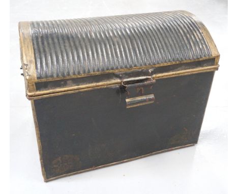 VINTAGE DOMED METAL TRUNK
with a ribbed lift up lid and side carrying handles, 49cm high x 63cm wide x 42cm deep 